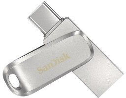 זיכרון נייד צבע כסוף Sandisk Ultra Dual Drive Luxe 512GB – כסוף עם חיבור USB-C גלוי ומנגנון סיבוב על רקע לבן
