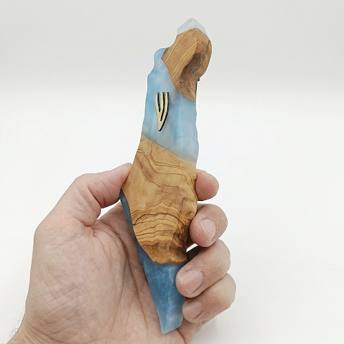 Mezuzá de 20 cm “Mi Israel” – madera de olivo y azul
