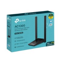 מתאם רשת אלחוטי Tp-Link Archer T4U Plus AC1300 USB – קופסת המוצר הטורקיזית מציגה תמונה של המתאם השחור עם שתי אנטנות 5GHz