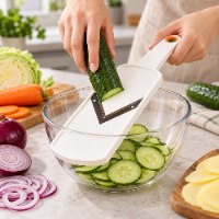 מנדולינה ייחודית לפריסה וחיתוך כרוב עם להב אל חלד בצורת V ומברשת ניקוי נלווית דגם VeggieGlide