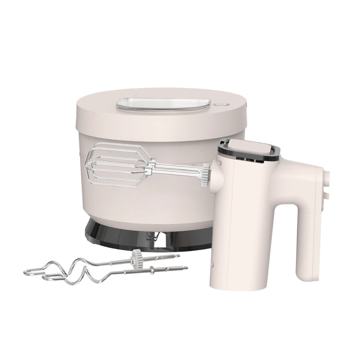 מיקסר ידני חשמלי Mira MHDM730 – יחידת מיקסר ידני ומעמד בצבע קרם עם מטרפים ושני ווי לישה