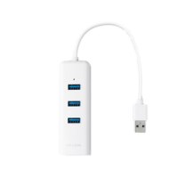 מפצל USB 3.0 לחיבור רשת RJ45 בעל 3 חיבורי TP-Link UE330 USB 3.0 – מפצל USB לבן עם שלושה חיבורים כחולים וכבל מחובר עם אלחוטי