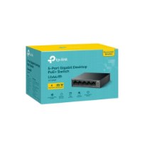 מתג שולחני TP-Link 5 Port Gigabit with 4-Port PoE+ LS105GP – קופסת מוצר בצבעי תכלת וצהוב המציגה את הסוויץ השחור פריט בודד