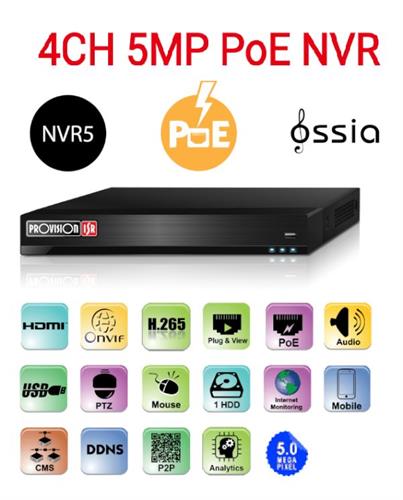 מערכת הקלטה לארבע מצלמות Provision 5mp NVR5-4100PXN-MM POE IP