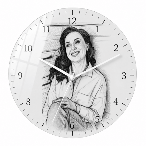 שעון קיר עגול ציור שחור לבן  – קוטר 33 ס"מ