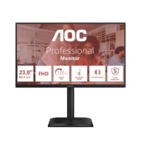 מסך מחשב 24 אינץ' Aoc 24E4U – USB מסך שחור המוצג חזיתית מציג פרסומת עם נתונים טכניים