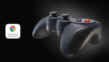 בקר משחק חוטי Logitech F310 Gamepad – בקר כהה עם ג'ויסטיקים, כפתורים צבעוניים ולוגו Chromebook