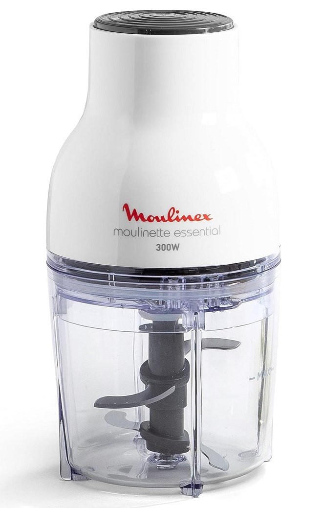 קוצץ מזון חשמלי Moulinex DJ520110 – קוצץ מזון לבן עם מיכל שקוף ולהבים מונח על רקע לבן