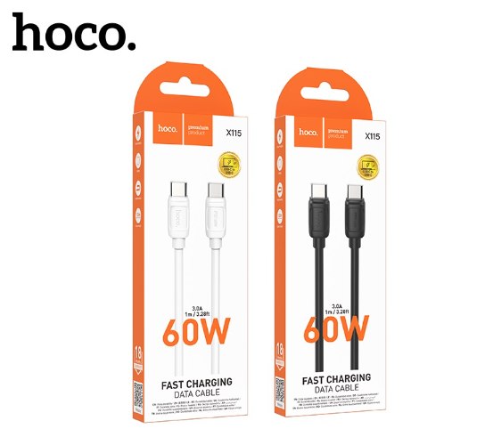 כבל טעינה מהירה והעברת נתונים 60W מבית hoco דגם X115 Surpass (חיבור Type-C ל-Type-C)