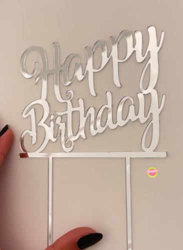 טופר אקריל לעוגה Happy Birthday כסף