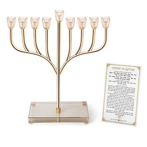 חנוכיה "אור הזהב" מתכת זהב עם בסיס קריסטל 37סמ