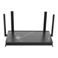 ראוטר TP-Link BE3600 WiFi 7 Dual-Band Archer BE230 – ראוטר WiFi שחור אחד עם ארבע אנטנות ניצבות על רקע לבן
