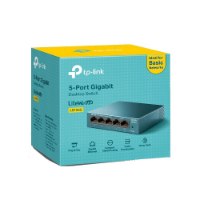 מתג שולחני Tp-Link LS105G 5-Port Desktop Switch – פריט בודד קופסת אריזה כחולה וצהובה המציגה את הסוויץ ואת תכונותיו