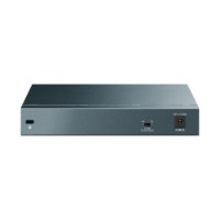 מתג שולחני 8 פורטים Tp-Link SG108 Gigabit – מציג את גבו של המתג האפור-כהה עם חיבור חשמל ומתג למניעת לולאות