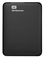 כונן קשיח חיצוני Western Digital Elements Portable 1TB – פריט אלקטרוני שחור מלבני בעל פינות מעוגלות עם כיתוב WD Elements לבן
