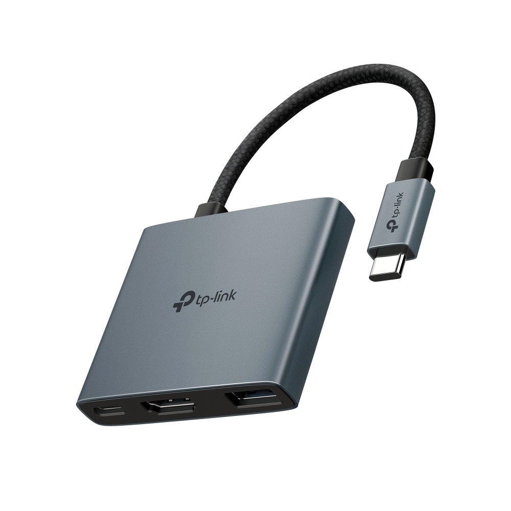 רכזת Tp-Link UH3020C USB Type-C 3-IN-1 Hub – פריט בודד בצבע אפור כהה עם כבל USB-C וחיבורי HDMI ו-USB