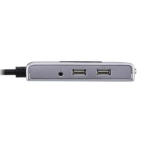 קופסת מיתוג 2 ערוצים Aten CS682 2-Port USB DVI/Audio Cable KVM – מתג חוטי כסוף עם חיבורי אודיו ו-USB נראה על רקע לבן