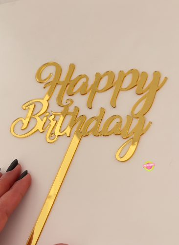 טופר אקריל לעוגה Happy Birthday זהב
