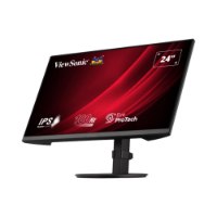 מסך מחשב 24” Viewsonic VG2408A-MHD – צג שחור המציג מידע ורקע אדום מונח על מעמד