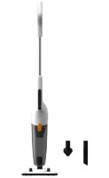 שואב אבק קומפקטי Deerma DX170 – שואב אבק לבן ואפור עומד יחד עם שני אביזרים בצבע שחור על רקע לבן