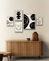 קיר גלריה "HOME"| סט 5 תמונות לבית בסגנון נורדי גיאומטרי בצבעים ניטרלים של שחור, לבן ובז'.