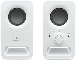 רמקולים למחשב Logitech 2.0 Multimedia Speakers Z150 Retail – זוג רמקולים לבנים בחזיתם האחד עם כפתור