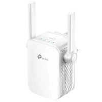 מגדיל טווח TP-Link AC750 RE205 – מכשיר Wi-Fi לבן עם שתי אנטנות לוגו TP-Link ונורות חיווי מוצג על רקע לבן