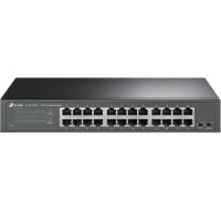 מתג 24 פורטים Tp-Link TL-SG1024D Gigabit – מתג רשת שחור עם 24 כניסות רשת RJ45 ונוריות חיווי ירוקות בחזית