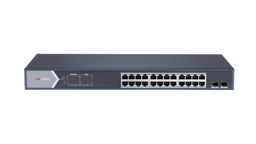 מתג לא מנוהל 24 פורטים + 2 כניסות אופטיות Hikvision 24 Port Gigabit Switch DS-3E0526P-E/M