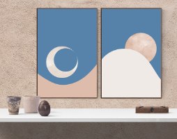 "שמש וירח" זוג תמונות קנבס נוף מינימאליסטי בסגנון מיד סנצ’ורי מודרני בצבעי כחול ובז'