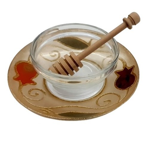 כלי לדבש מזכוכית רימון בורדו עבודת יד + רודה דבש עץ