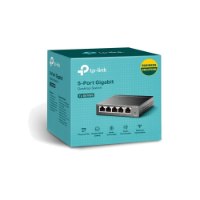 מתג שולחני Tp-Link TL-SG105S 5-Port Desktop Switch – קופסת אריזה כחולה של מתג חוטי 5 יציאות המציגה את המכשיר