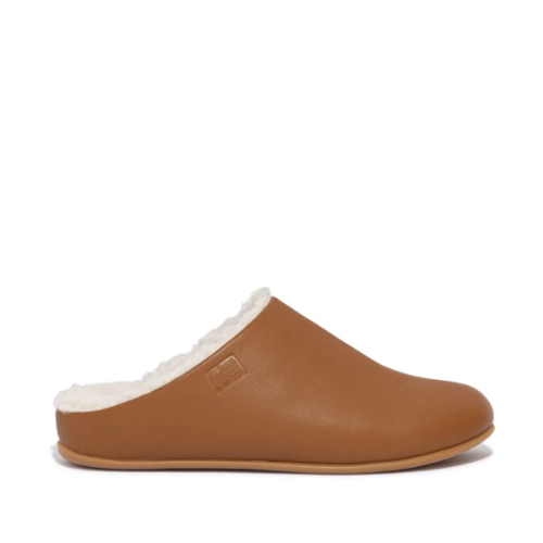 Fit Flop Chrissie Leather And Shearling Slippers Light Tan כפכפי פיט פלופ כאמל