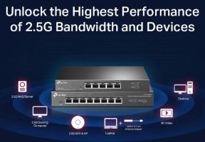 מתג שולחני TP-Link SG105-M2 5-Port 2.5G Switch – מבט קדמי על שני מתגים וסמלי מכשירים תומכים סביבם.
