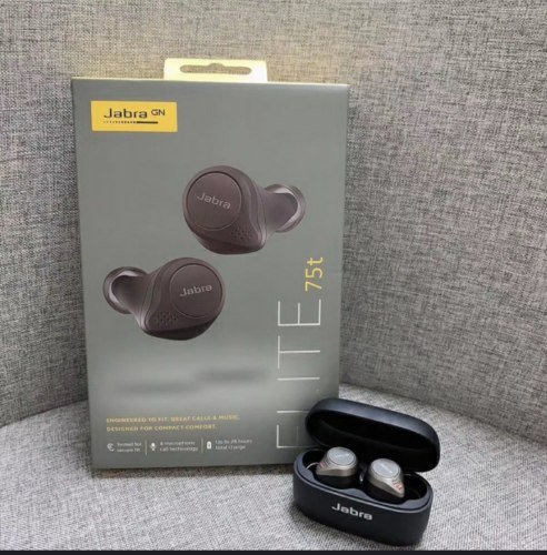 אוזניות אלחוטיות לא מקוריות Jabra Elite 75t Bluetooth עם מיקרופון בצבע שחור וזהב הכוללות כיסוי טעינה
