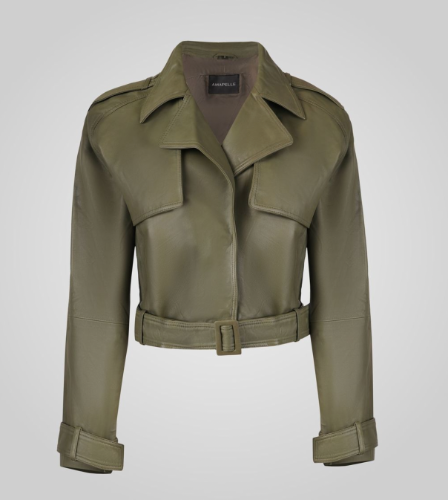 AMAPELLE - ROMIE CROPPED TRENCH BIKER מעיל עור ירוק