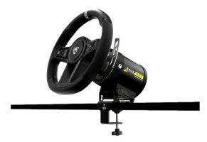 הגה מירוצים עם דוושות Turtle Beach VelocityONE Race Kd3 Xbox/PC – שחור ובסיסו מותקנים על מוט אופקי עם מלחציים
