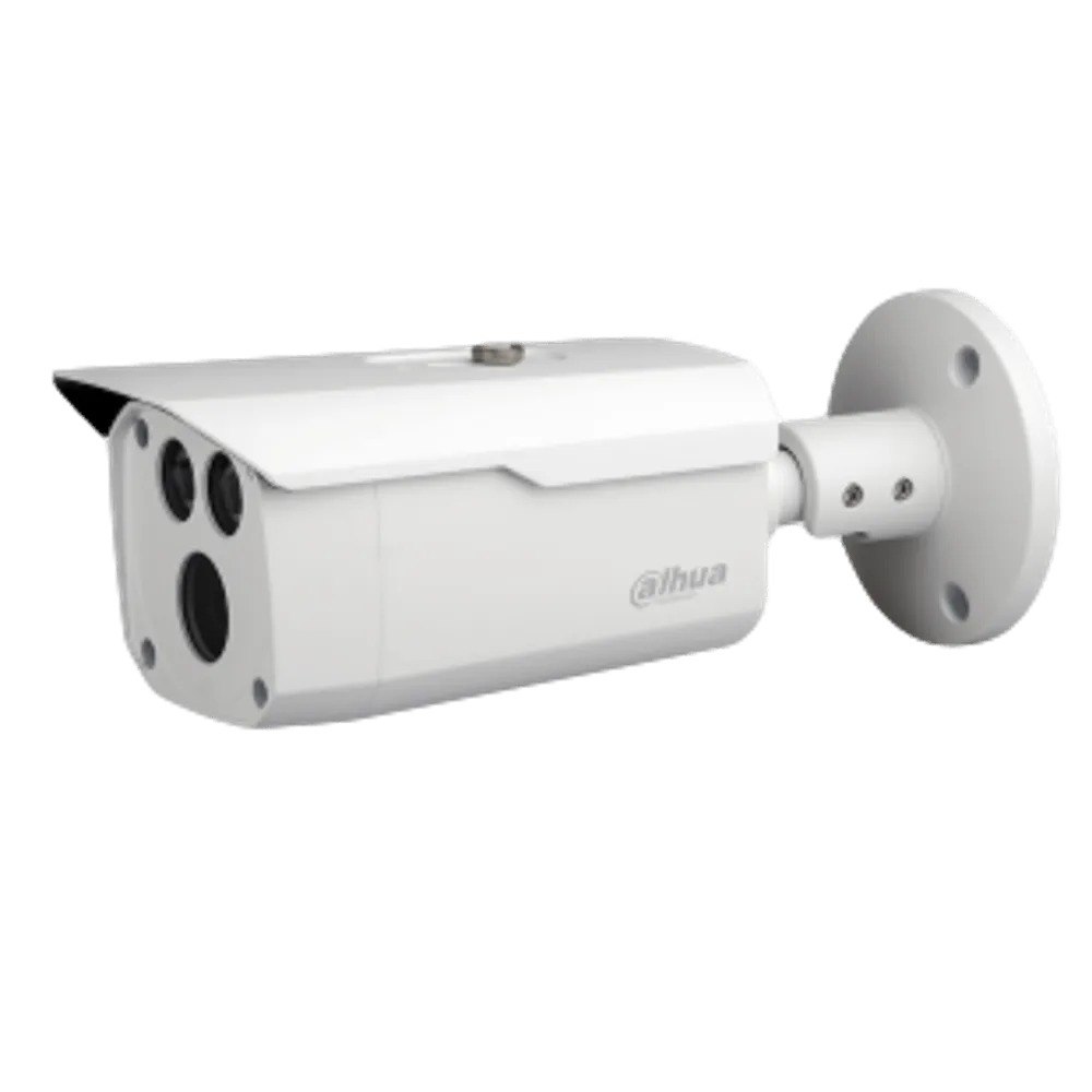 מצלמת צינור Dahua HAC-HFW1200D-S5 – סינון רעשים מצלמה לבנה דמוית צינור עם מגן שמש ובסיס הרכבה מוצגת על רקע