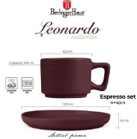 סט כוסות אספרסו וצלוחיות 8 חלקים Berlinger Haus BH10017 Stoneware – כוס וצלחת בורדו מט עם מידות ופרטי שימוש על רקע לבן