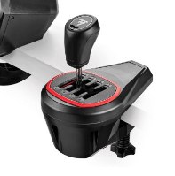 מוט הילוכים Thrustmaster TH8S Shifter Add-On Xbox/PS/PC – פריט בודד שחור עם תבנית הילוכים אדומה מחובר למשטח לבן