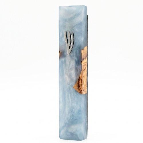 Handcrafted Designer Mezuzah: Olive Wood & Sky Blue