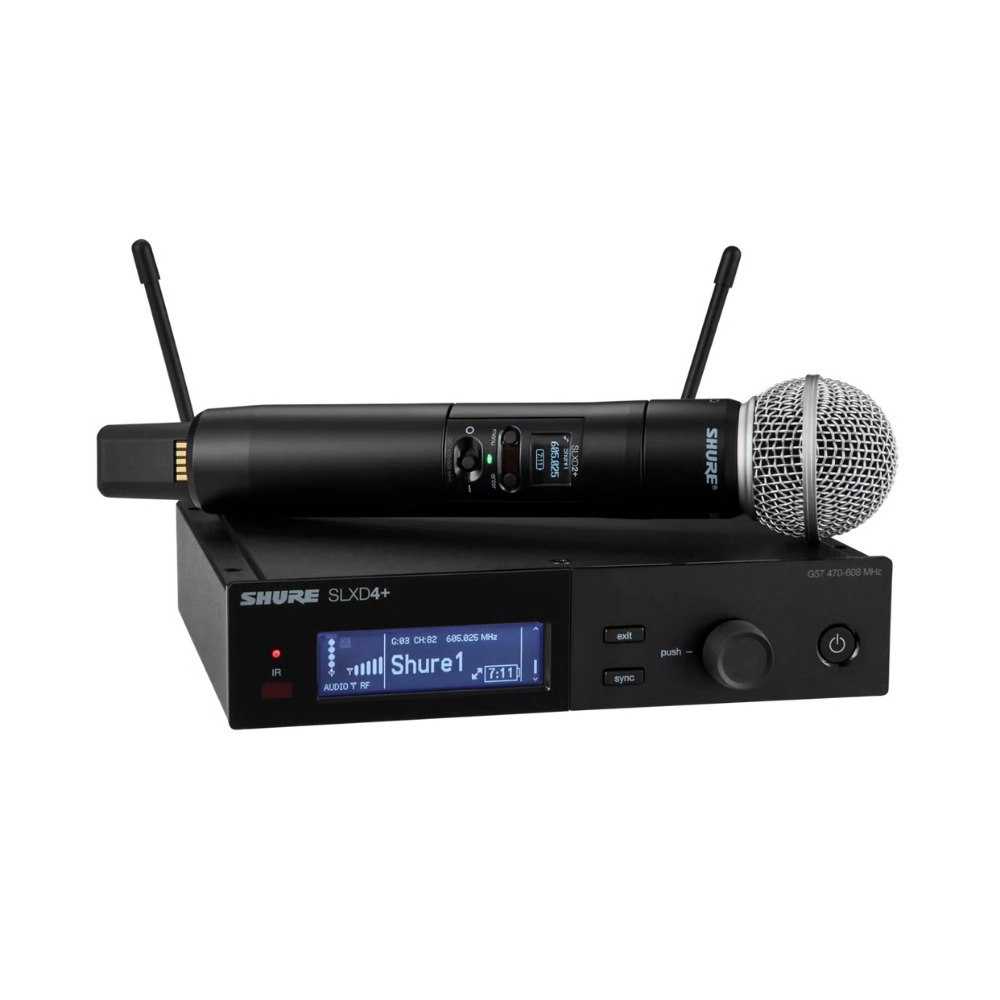מערכת מיקרופון אלחוטית Shure SLXD24+/58 – Bluetooth מקלט שחור ומיקרופון אלחוטי שחור מונחים יחד על רקע לבן