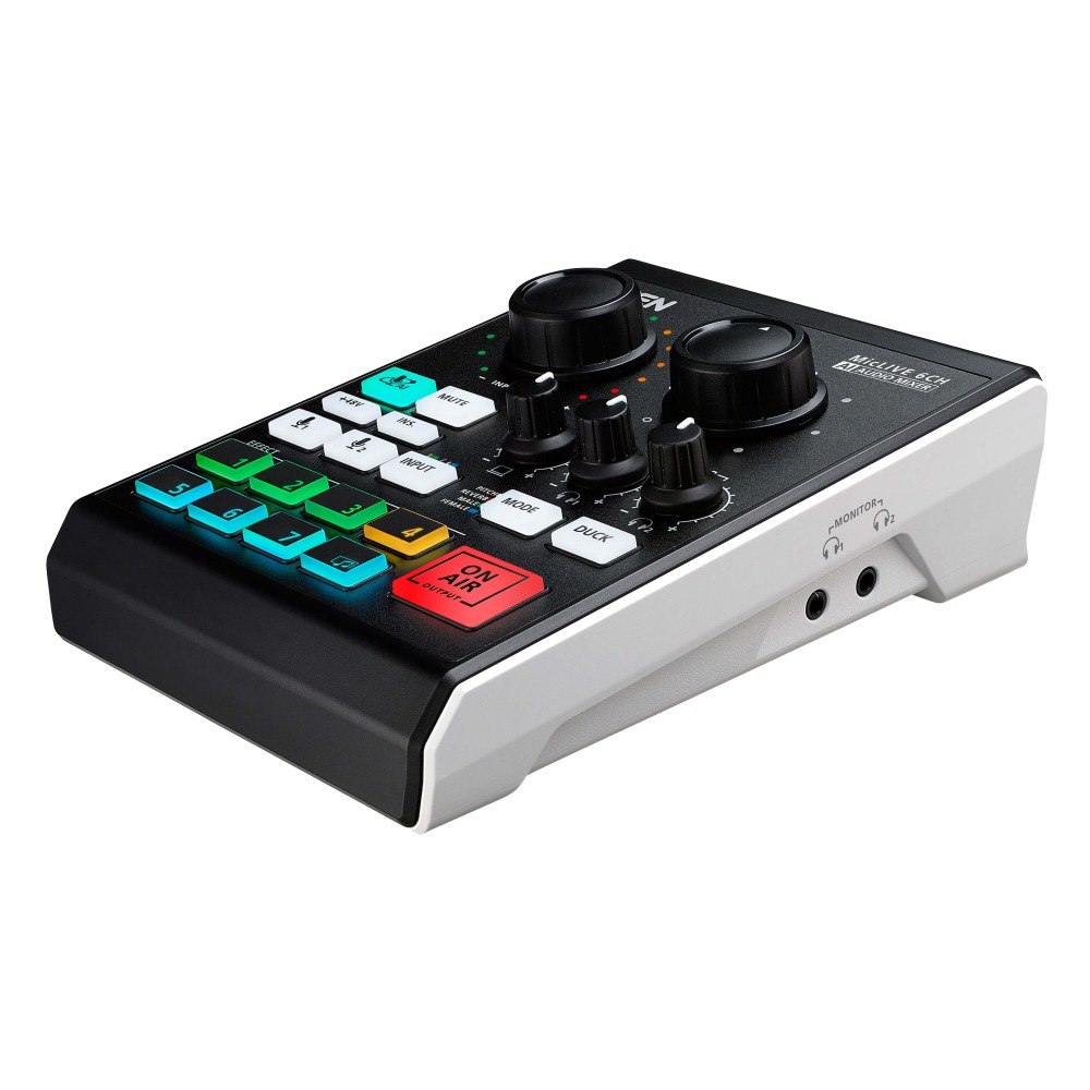 פודקאסט מיקסר מיקצועי Aten UC8000 Podcast AI Audio Mixer – מיקסר שמע בצבע שחור ולבן עם כפתורים צבעוניים רבים וידיות שליטה
