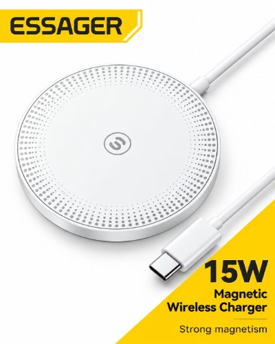 מטען אלחוטי מגנטי Essager Qi – טעינה מהירה ל‑iPhone וסמארטפונים תומכים