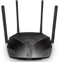 ראוטר Mercusys AX1800 Dual-Band WiFi 6 MR70X – מבט חזיתי-עילי על ראוטר שחור עם 4 אנטנות.
