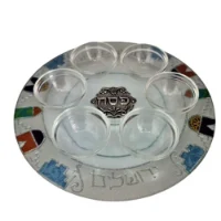 צלחת פסח זכוכית מסתובבת עיטור ירושלים כסוף