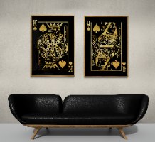 "Golden Royalty" זוג תמונות קנבס מיוחדות לחדר השינה והסלון בהשראת המלך והמלכה מהקלפים הקלאסיים