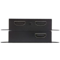 מתג Aten VE1821 HDMI CAT6 Extender – שתי יחידות שחורות מוערמות זו על זו מציגות את יציאות ה-HDMI