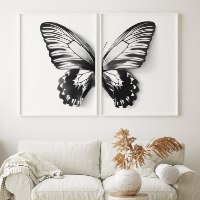 "Monochrome Butterfly" סט זוג תמונה מחולקת של כנפי פרפר מונוכרום שחור לבן|קנבס מוסגר מוכן לתליה