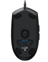 עכבר גיימינג חוטי Logitech G102 Lightsync – תחתית העכבר עם חיישן ורגליות החלקה שחורות